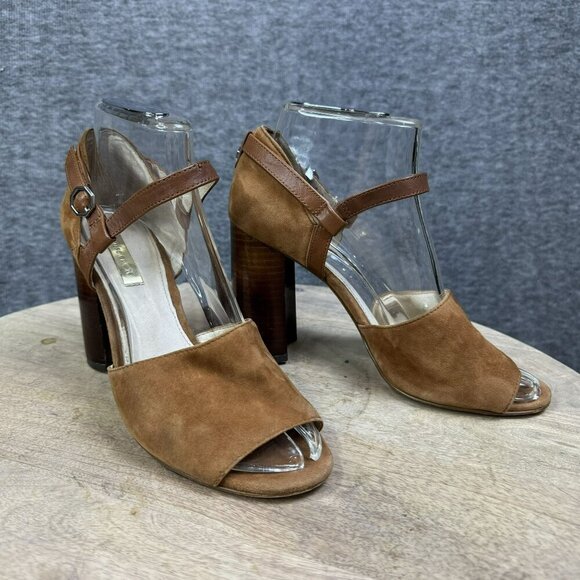 Louise Et Cie 37 / 6.5M Brown tan Suede Peep Toe Heels Ankle Strap Stacked heel - Picture 7 of 10